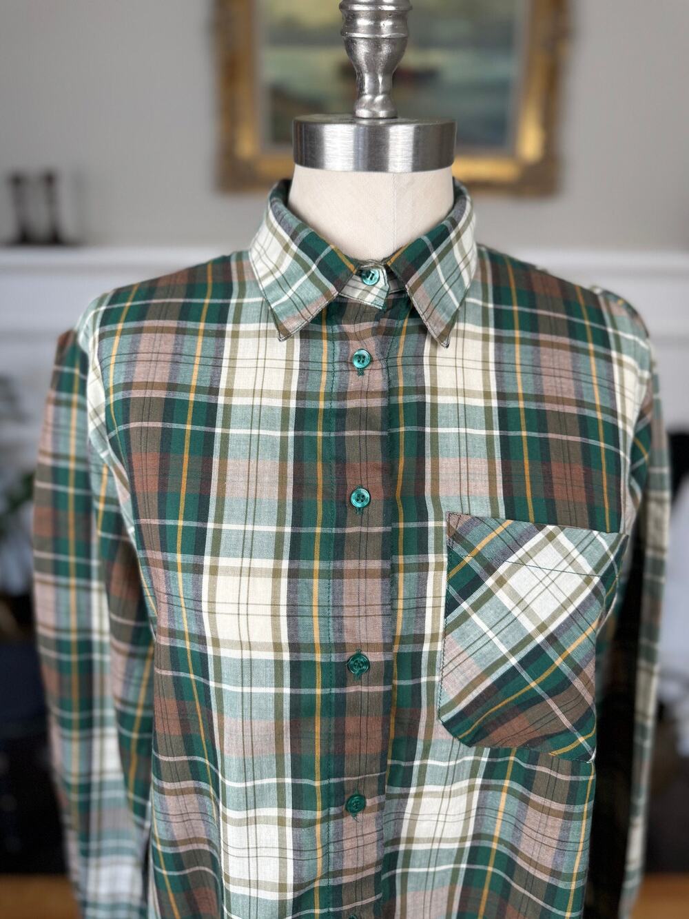 Vintage Shirtstop 70s Plaid Button Down Green Brown Women M L